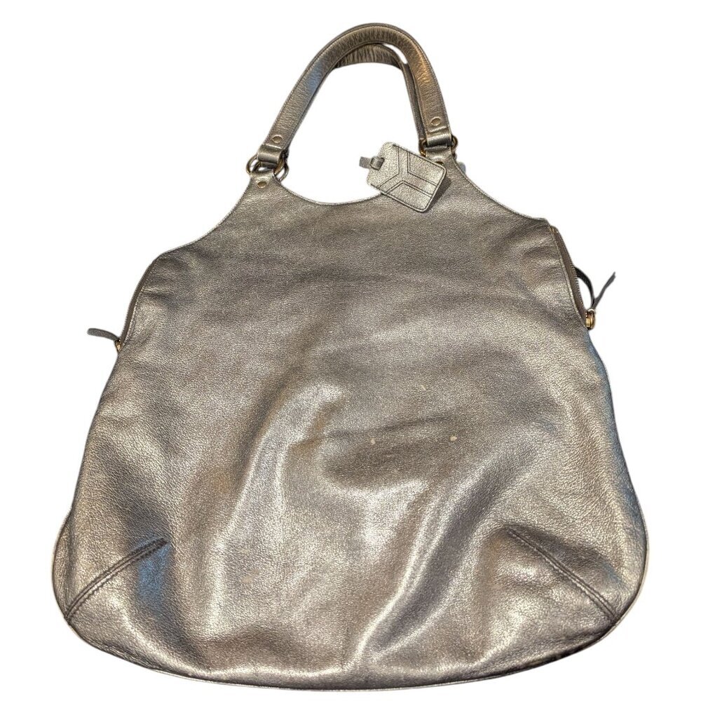 Yves Saint Laurent Tote Bag Purse Metropolis Metallic Leather Silver Charm